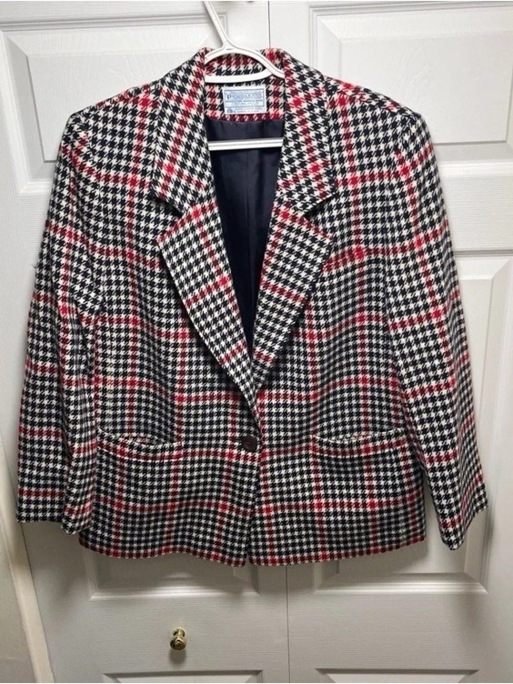 Classic Houndstooth Blazer with Red Windowpane - Women's Jacket